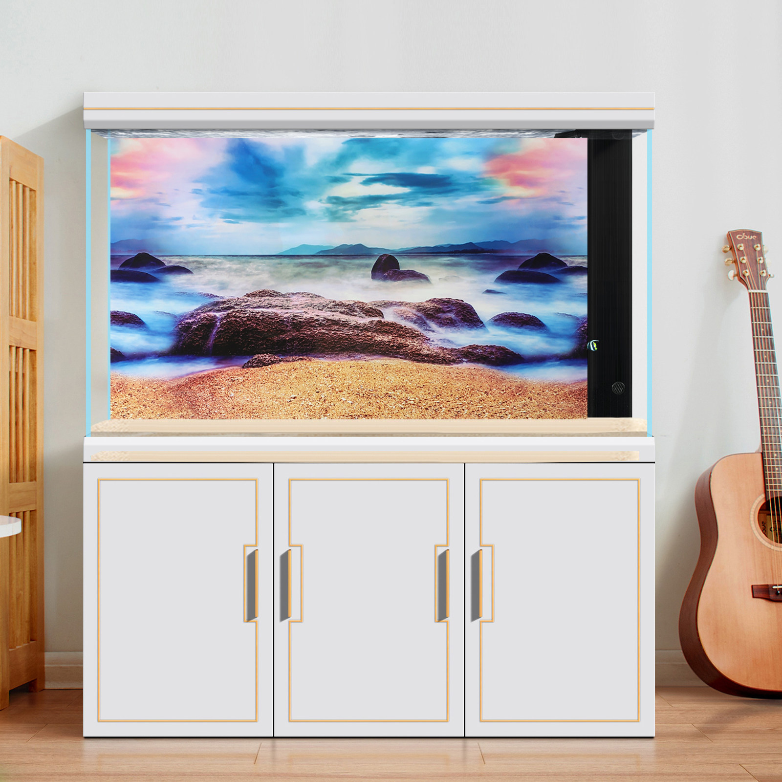 Aquarium Fish Poster - สติ๊กเกอร์ตกแต่งตู้ปลา 3D HD แบบถอดได้ โปสเตอร์ตู้ปลาแบบหนา ลายต้นไม้ใต้น้ำ