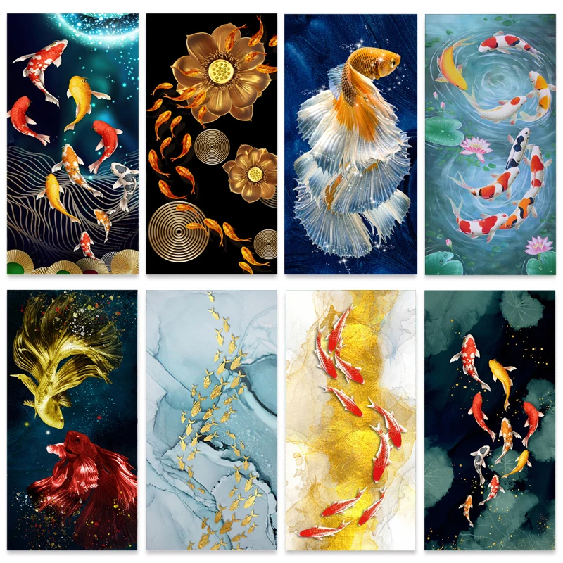 Aquarium Fish Poster - ภาพวาดผ้าใบสีทองรูปปลาคราฟฮวงจุ้ยสไตล์จีนศิลปะบนผนังโปสเตอร์ปลาคาร์พรูปดอกบัวห้องการตกแต่งบ้าน cuadros