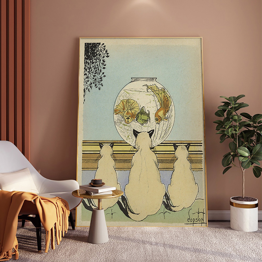 Fish In Aquarium Picture - สามแมวดูปลาในAquarium Artพิมพ์โปสเตอร์ปลาทองสัตว์ภาพวาดผ้าใบภาพผนังตกแต่ง