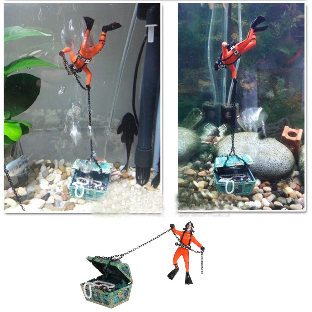 Aquarium Fish Unique - ของตกแต่งตู้ปลา รูปนักดำน้ำ สีส้ม ของตกแต่งตู้ปลาที่มีเอกลักษณ์ ของตกแต่งประดิษฐ์สำหรับเพิ่มความสวยงามให้กับตู้ปลาทั้งน้ำจืดและน้ำเค็ม